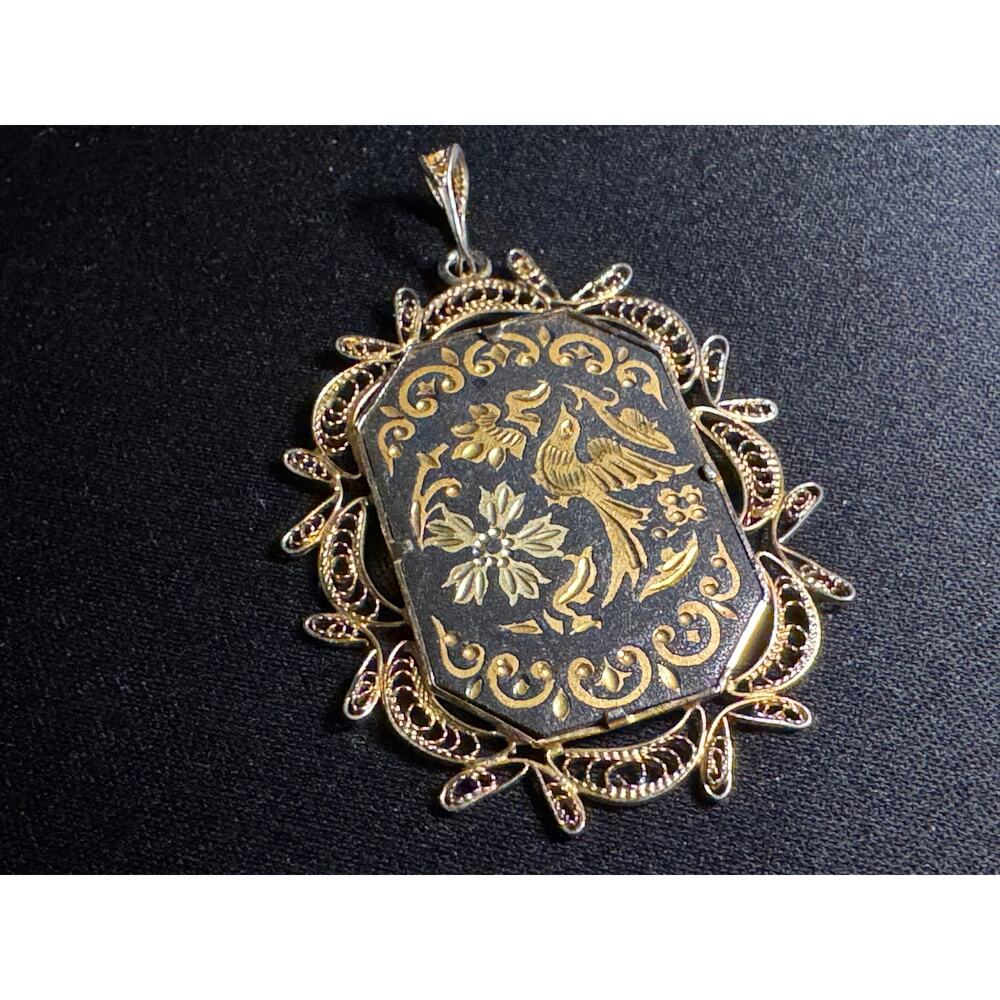 Vintage Damascene Filigree Bird Pendant